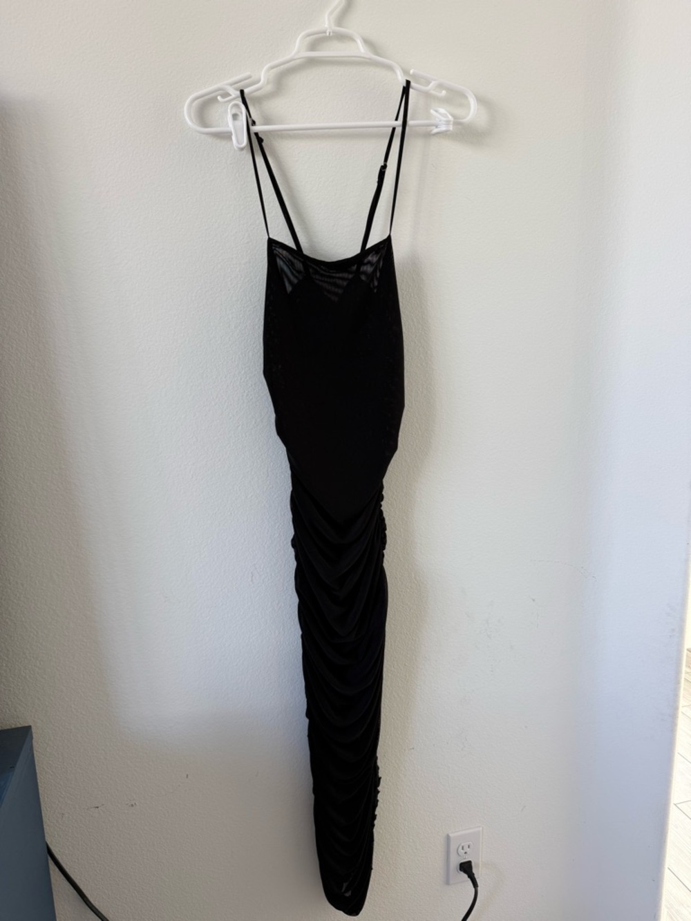 Black Spaghetti-Strap Ruched Sheer Maxi Dress